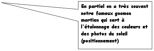 Bulle rectangulaire: En partiel on a très souvent notre fameux gnomon martien qui sert à l'étalonnage des couleurs et des photos du soleil (positionnement)